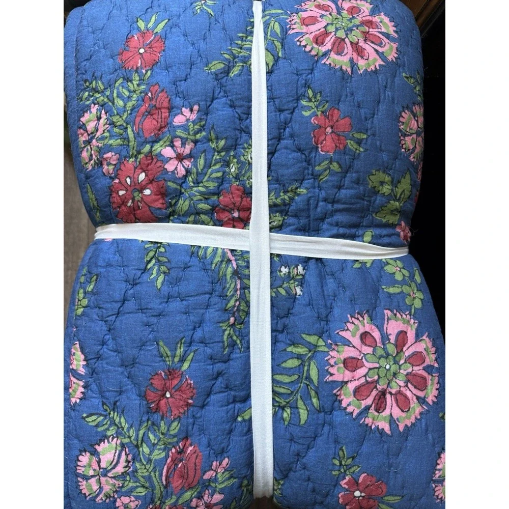 Aqua QUEEN Quilt & Shams Set Reversible Blue Toile Printed Floral Cotton Navy